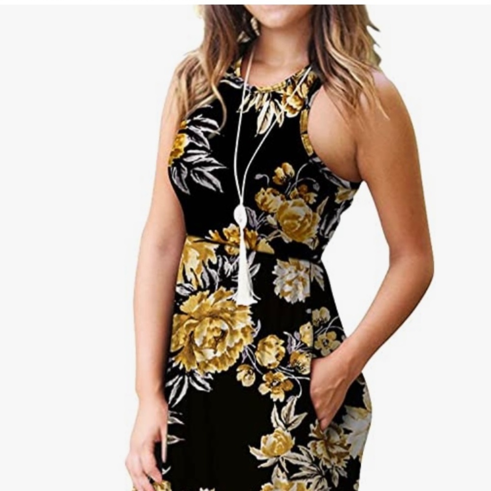 Yellow and Black Floral Maxi Dress with Pockets